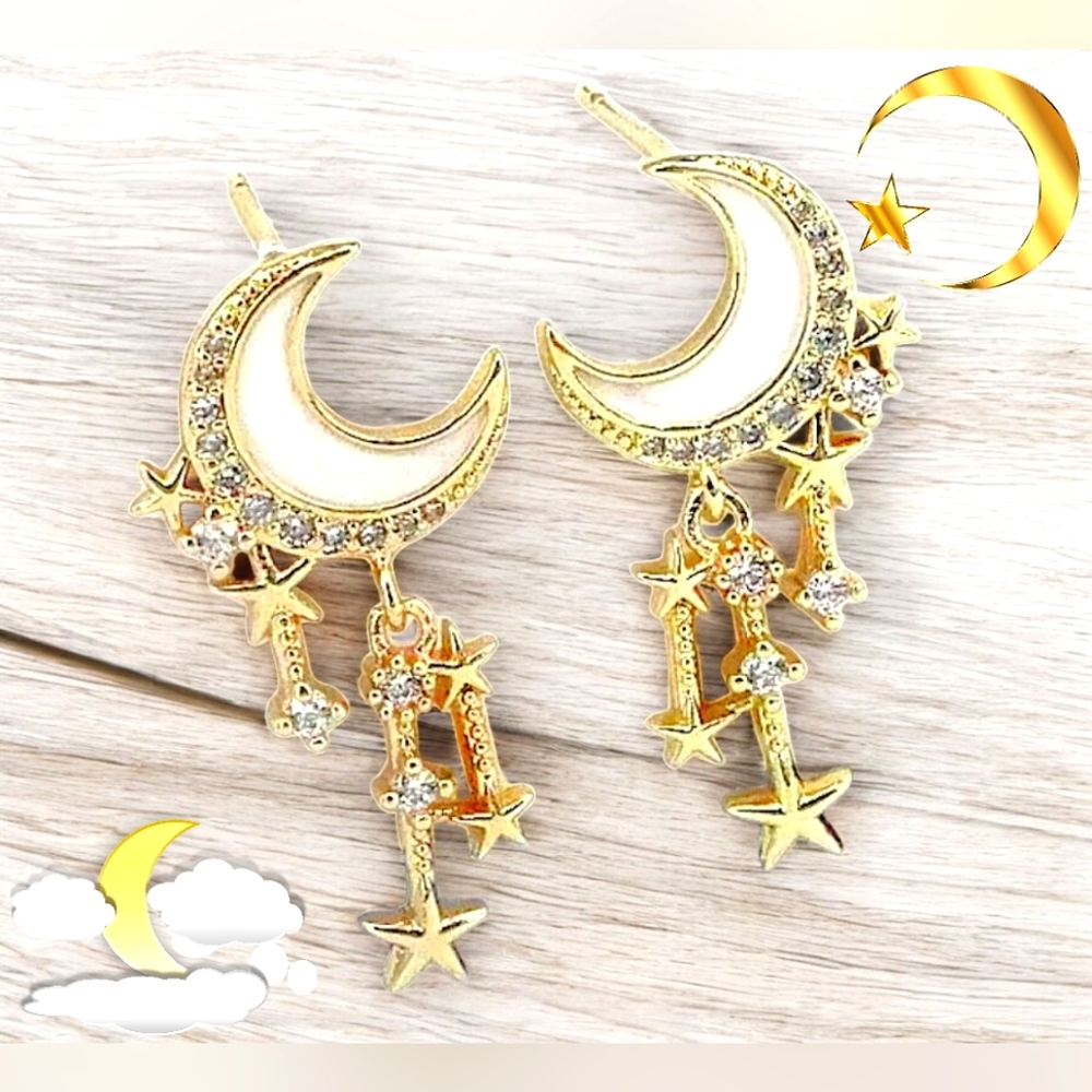 Gold Plated Pearlessent Crescent moon star drop earrings with silver post